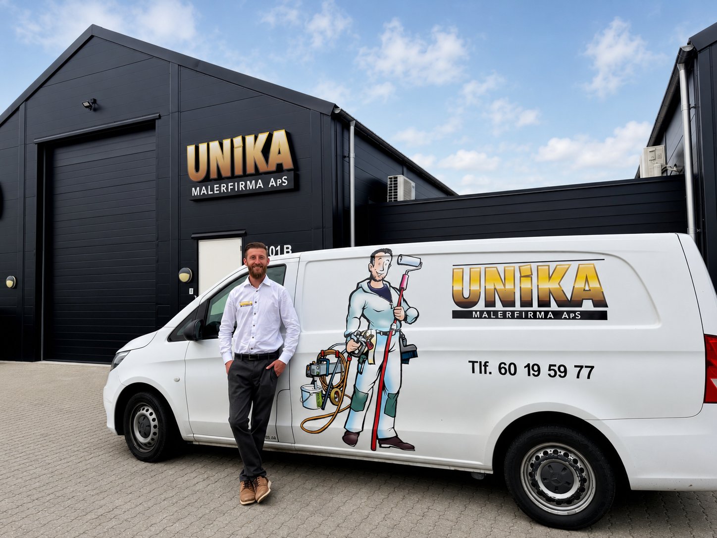 Thomas Christiansen foran Unika Malerfirmas firmabil med Cartoon Paintwork-figuren i Middelfart