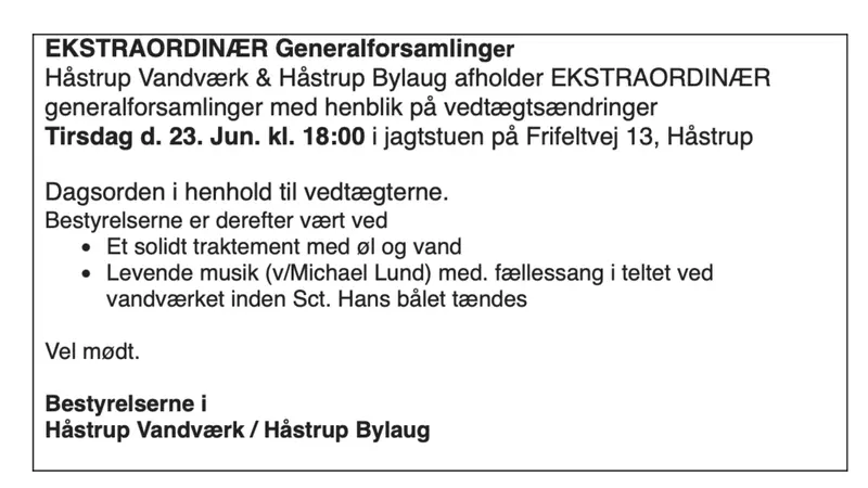 Ekstraordinære generalforsamlinger i Håstrup